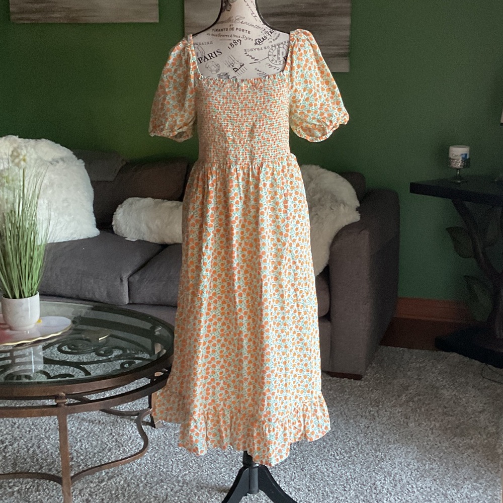 J. Crew Orange and Cream Floral Midi Dress, Size M